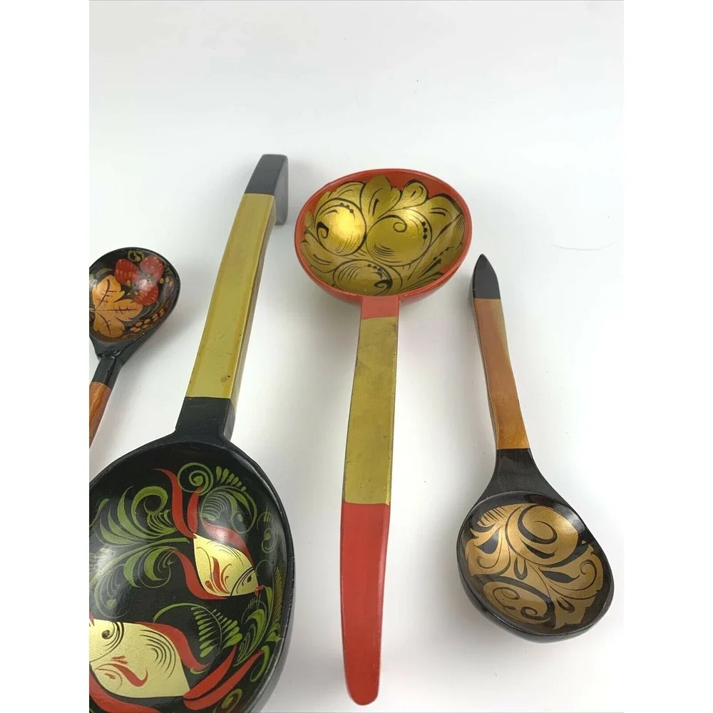 Set of 4 Vintage Khokhloma Painted Wooden Spoons Ladles Decorative Kitchenware